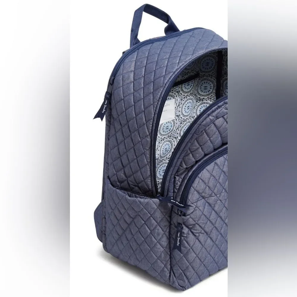 Vera Bradley Denim Moonlight Navy Large Laptop Essential Quilted Backpack 31L